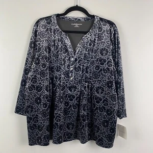 Croft & Barrow Velvet Pintuck Blouse Size Petite XL Black Gray Floral 3/4 Sleeve - Picture 1 of 10