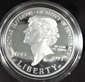 coin Jefferson 250th Anniversary 1993-S 90 % proof Silver Dollar original box - Picture 1 of 2