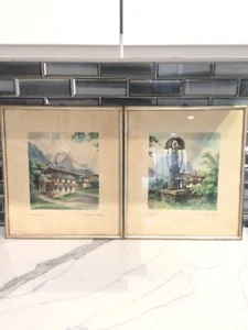 X2 Vintage Original Kafferlein gerahmtes Aquarell Landschaftsgemälde signiert 2er Set - Bild 1 von 8