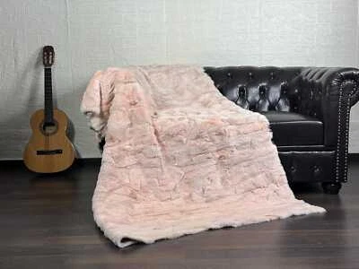 Luxurious Rex Rabbit Fur Blanket Throw Baby Pink • Handmade Fur Sofa Cover - Image 1 of 4