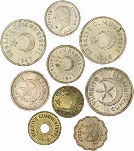Lot Türkei 9x 50 Kurus, 25 Kurus, 10 Kurus, 5 Kurus, Kurus 2x, 10 Para, Lira 2x - Bild 1 von 2