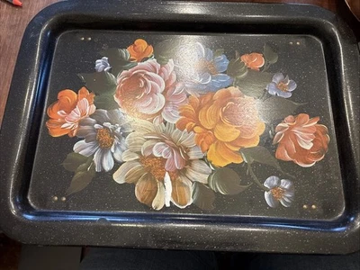 Vintage Metal Bed Tray Table Floral Folding Legs Breakfast Serving MCM - Image 1 of 4