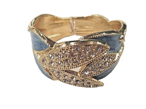 Graceful Blue Enamel Golden Metal Leaf Shape Glinted Crystal Bangle Bracelet - Picture 1 of 3