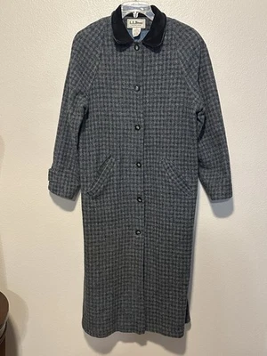 VINTAGE LL Bean Long Blue Wool Over Coat Women's Sz M Suede Collar Houndstooth - Image 1 of 4