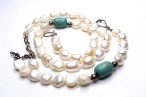 Vintage Sterling Turquoise Pearl Necklace Bracelet SET - Picture 1 of 9