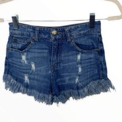 Vintage Havana Denim Jean Shorts Distress Fringe Hem Size 26 Cotton Stretch Blue Foto 1 de 4