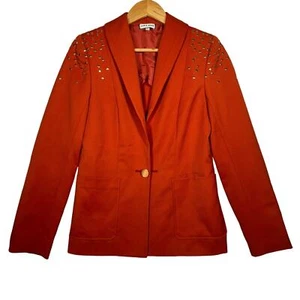Chris Benz Statement Studded Shoulder Embellishments Wool Orange Blazer Size 6 - Picture 1 of 8