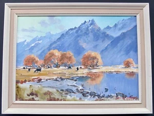 Pintura acrílica firmada por Aston Greathead de Lebig Range Tasman Valley en marco - Imagen 1 de 12