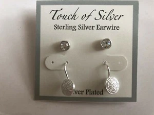 $60 TOUCH OF SILVER SILVER PLATED 2 PC SET CRYSTAL STUD & Textured drop Earings - Picture 1 of 2