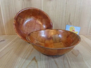 Woven Wood Serving Bowl Set of 2 Brown Large Weave 10" Retro Vintage Mid Century - Picture 1 of 5