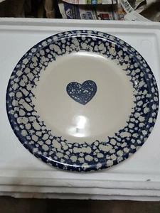 FOLK CRAFT by TIENSHAN. HEARTS BLUE SPONGE 12" DINNER PLATE - Picture 1 of 7
