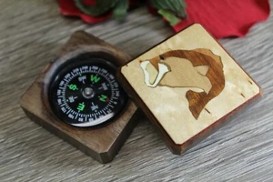 Compass Box Pocket Military Camping Army Hiking camping Wood Fish 2 Handmade - Picture 1 of 5