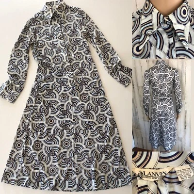 Retro 70s LANVIN Shirt Dress 10 Dagger Collar Sheath Retro Blue Swirl Midi USA - Image 1 of 4