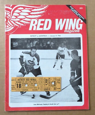 Vintage Det Red Wings vs Montreal Program Jan 9, 1966 Beliveau on cover w ticket - Image 1 of 4