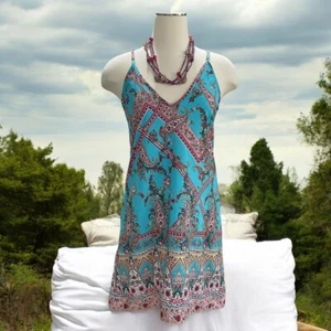 Paisley Slip Dress S Turquoise Boho Summer Vacation + Multilayer Beaded Necklace - Picture 1 of 15