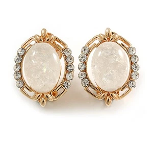Gold Tone Crystal Milky White Resin Oval Clip On Earrings - 22mm Tall - Picture 1 of 4