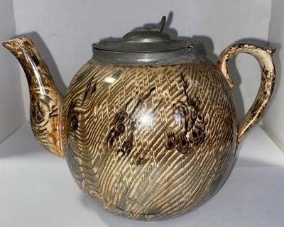 Bule de transferência de mercadorias antigo marrom Scroddle manchado tampa de estanho estilo Whieldon 5” - Imagem 1 de 4