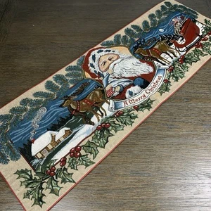 “A Merry Christmas” Tapestry Santa Sleigh Reindeer Holly Table Runner 13" X 36" - Picture 1 of 11