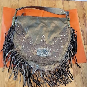 Bolso de mano de cuero Hobo holgado con flecos de diseñador Kissing Cougar SHARIF de bronce - Imagen 1 de 8