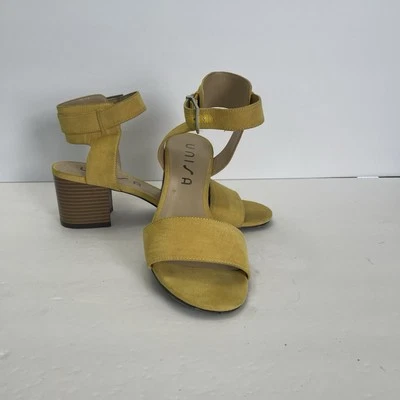 Sandálias femininas Unisa Unemale 3 camurça amarela biqueira aberta fivela salto bloco 8M - Imagem 1 de 4