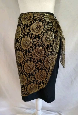 80's Vintage Diana Marco Skirt Gold Metallic Lace Wrap Black Pencil Cut Sz 16 - Image 1 of 4