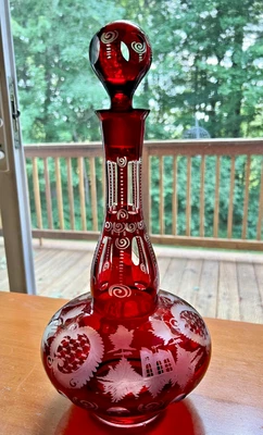 14" BOHEMIAN RUBY RED CUT & ETCHED DECANTER; EXCELLENT CONDITION - Image 1 of 4