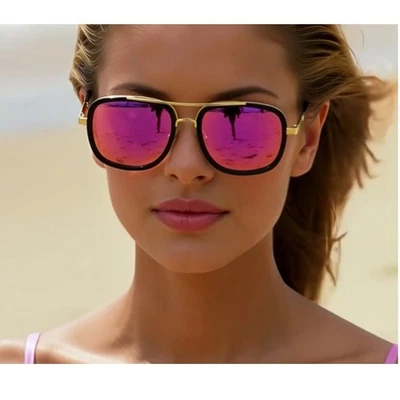 Квадратные солнцезащитные очки в золотой черной оправе с розовыми зеркальными линзами модные уличная одежда UV400 - Изображение 1 из 4