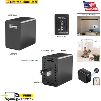 Mini 1080P Camera Charger - Wireless Camera - Wifi Tiny USB Charger Camera, 140- - Image 1 of 4