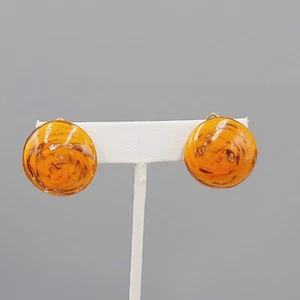 Orecchini Vintage Arte Italiana Vetro Clip On Oro Arancione Macchie Tondo 7/8" - Foto 1 di 10