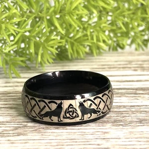 Anillo de lobo, anillo de tungsteno grabado personalizado, anillo de tungsteno negro para hombre - Imagen 1 de 3