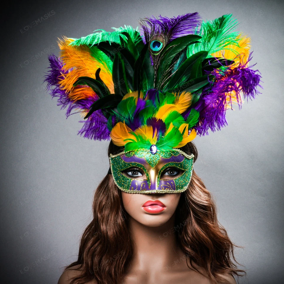Venetian Mardi Gras Top Peacock Large Feather Masquerade Ball New Year Party - Image 1 of 4
