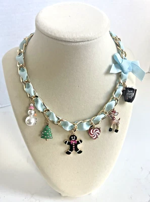 Betsey Johnson Gold Tone Blue Grosgrain Ribbon Holiday Charm Necklace NWT - Image 1 of 4