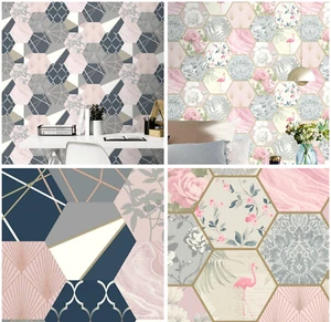 Rasch Geometric Patchwork Hexagon Interlocking Metallic Wallpaper 2 Designs - Imagen 1 de 5