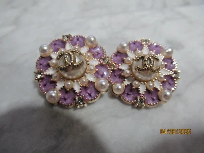 CHANEL 2 BUTTONS  23MM light gold tone, metal, PURPLE, FAUX PEARL, LOT 2 - Image 1 of 4