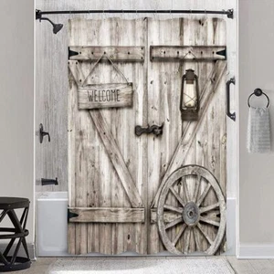 Rustic Barn Door Shower Curtain Rustic Farmhouse Wooden Western Country Bath ... - Picture 1 of 5