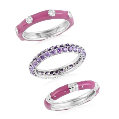 Juego de 3 anillos de banda esmaltados en circonita cúbica y lila chapados en rodio 7,80 ctw talla 5 Foto 1 de 4