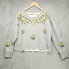 Lucky Brand Women Cropped Gray Embroidered Floral Long Sleeve Sweatshirt Top M