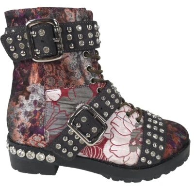 NWB JEFFREY CAMPBELL Size 6 SLAM-2ST Red Grey Floral Silver Studded Buckle Boots - Image 1 of 4