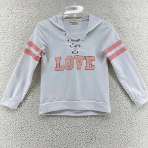 btween Girls 12 Long Sleeve White Hooded Pullover "LOVE" Pink Gold Lace Up Vneck - Picture 1 of 10