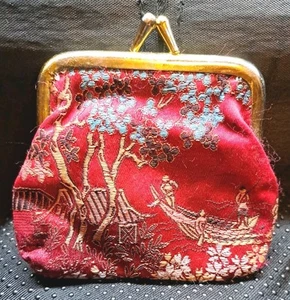 Vintage Oriental Theme Red Blossoms Coin Purse Wallet Butterfly Kisslock HTF - Picture 1 of 4