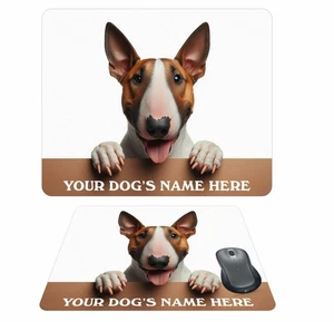 Personlised Mousemat, Bull Terrier Peeking Over a Wall, With Your Dogs Name - Afbeelding 1 van 2