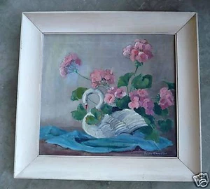 HELEN CHANDLER, LISTED CALIFORNIA IMPRESSIONIST SWAN FLORAL OLD OIL CALIF CA ART - Picture 1 of 6