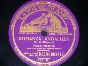 VIOLIN 78 rpm RECORD VsA YEHUDI MENUHIN Romanza Andaluza SARASATE Danza BRAHMS - Picture 1 of 1
