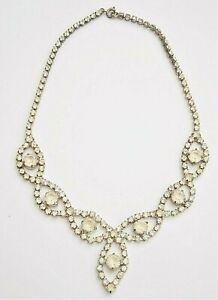 T39) Vintage 50s silver tone diamante glass chain cocktail necklace length 40cm