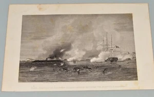 NAVAL CONFLICT IN HAMPTON ROADS-THE MONITOR & MERRIMAC 1868 Engraving  - Picture 1 of 3
