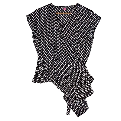 Blusa Vince Camuto Wrap Top Feminina Média Preta Geométrica Assimétrica Peplum - Imagem 1 de 4
