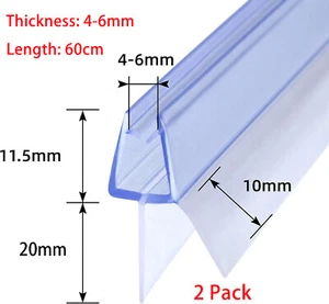 Twin Pack 2xShower Door Bottom Seal Strip 4-6mm Glass Up to 20mm Gap Shower Seal - Picture 1 of 15