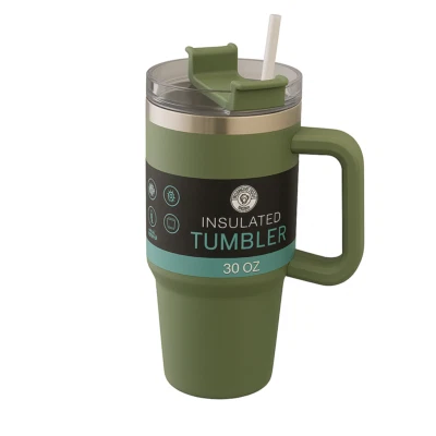 30 oz Stainless Steel Travel Mug Tumbler w/ Handle & Straw Hot or Cold Cup Green - Image 1 of 4