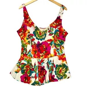 Sea Angel Bright Multicolor Floral Print Peplum Tankini Swimsuit Top Size 2X - Picture 1 of 11
