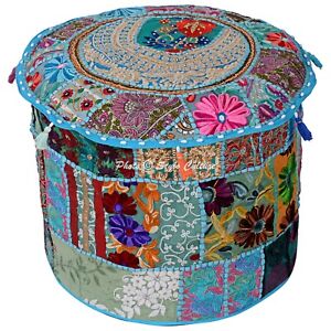 Cotton Bohemian Patchwork Poufs Blue Foot Stool 16 in Embroidered Indian Ottoman